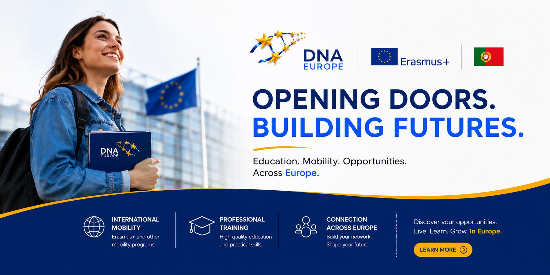 Erasmus+ and EU branding on an official mobility programme banner.